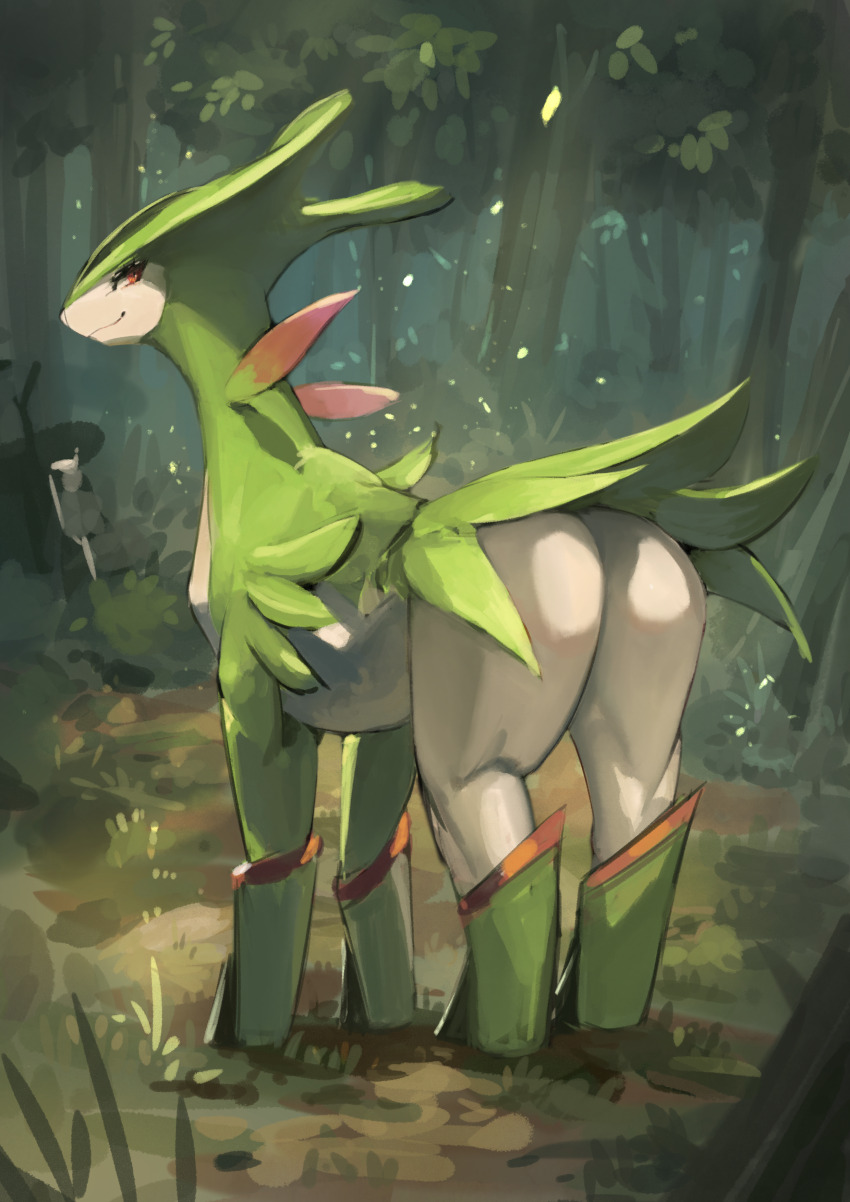 absurdres eguchi_tumoru facing_away forest full_body gen_5_pokemon highres legendary_pokemon looking_at_viewer looking_back nature nintendo no_humans outdoors pokemon pokemon_(creature) solo tree virizion