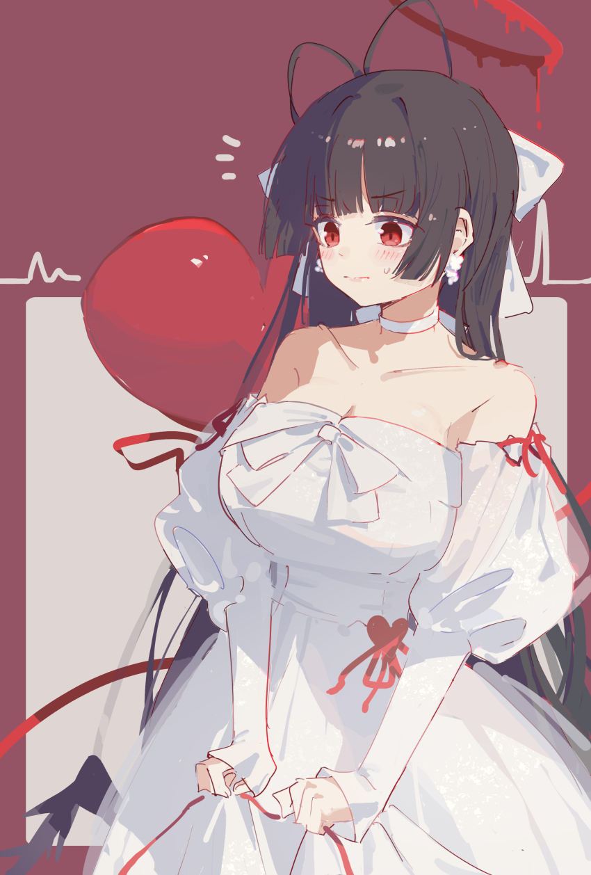 1girl absurdres antenna_hair bare_shoulders bilibalakonglijiwa black_hair blue_archive blunt_bangs blush bow breasts choker cleavage closed_mouth detached_sleeves dress hair_bow highres large_breasts long_hair official_alternate_costume red_eyes sidelocks sleeves_past_wrists solo strapless strapless_dress sweatdrop tsurugi_(blue_archive) tsurugi_(dress)_(blue_archive) white_bow white_choker white_dress