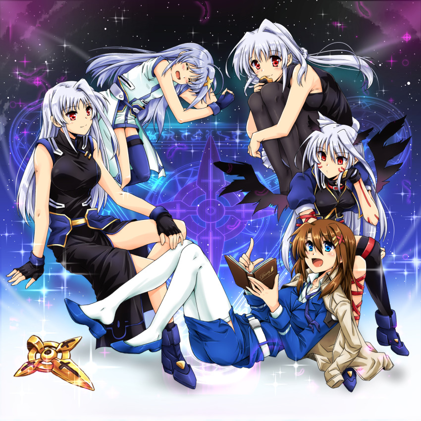 5girls :d absurdres black_dress black_legwear blue_eyes blue_footwear blue_hair blush book boots brown_coat brown_hair closed_eyes coat coat_on_shoulders commentary_request dress facial_mark floating hair_ornament hairclip head_wings highres holding holding_book long_dress long_hair looking_at_viewer lying lyrical_nanoha mahou_senki_lyrical_nanoha_force mahou_shoujo_lyrical_nanoha mahou_shoujo_lyrical_nanoha_a&#039;s mahou_shoujo_lyrical_nanoha_strikers medium_hair multiple_girls multiple_persona on_back open_mouth pantyhose red_eyes reinforce reinforce_zwei san-pon schwertkreuz schwertkreuz_(standby_form) silver_hair single_thighhigh sitting sleeping sleeveless sleeveless_dress smile thighhighs tsab_air_military_uniform tsab_naval_military_uniform white_legwear wings yagami_hayate