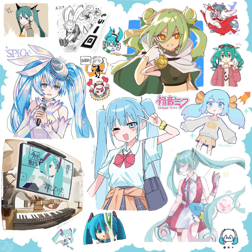 1other ambiguous_gender android artist_collaboration artist_request black_shirt blue_eyes blue_hair borrowed_design bow bowtie cape cartwheel collared_dress collared_shirt computer copyright_request cropped_shirt crossover detached_sleeves double_bun dress echo_(higma) expressionless eyewear_on_head floating_hair flying food gen_3_pokemon gloves green_hair grey_sweater grin ground_miku_(project_voltage) guitar gyaru hair_between_eyes hair_bun hand_in_pocket hatsune_miku hatsune_miku_(heartbeat) hatsune_miku_(orbit) highres holding holding_food holding_guitar holding_instrument holding_spring_onion holding_vegetable hood hood_down hooded_cape instrument jacket jumping keyboard_(instrument) kinomi_3030 latias legendary_pokemon long_hair long_sleeves looking_at_viewer midriff mikudayo mishio_(misio_40) mondainai_tripper! multicolored_hair multiple_views music nekoko_pjsk nintendo oekaki ohsos!!_(vocaloid) orange_eyes orange_shorts partially_colored playing_instrument pokemon pokemon_(creature) poppippoo_(vocaloid) project_voltage red_bow red_bowtie red_dress red_jacket riding riding_pokemon rocket rolling_girl_(vocaloid) school_uniform scrunchie shamotaro_(shamo_toufu) shirt short_dress short_sleeves shorts sleeveless sleeveless_dress sleeveless_shirt smile songover spring_onion streaked_hair striped_bow striped_bowtie striped_clothes suna_no_wakusei_(vocaloid) sunglasses sweater triple_ryuunen twintails two-tone_dress utuber_(vocaloid) v vegetable very_long_hair vocaloid wawasuke white_cape white_dress white_gloves white_shirt wrist_scrunchie yellow_pupils