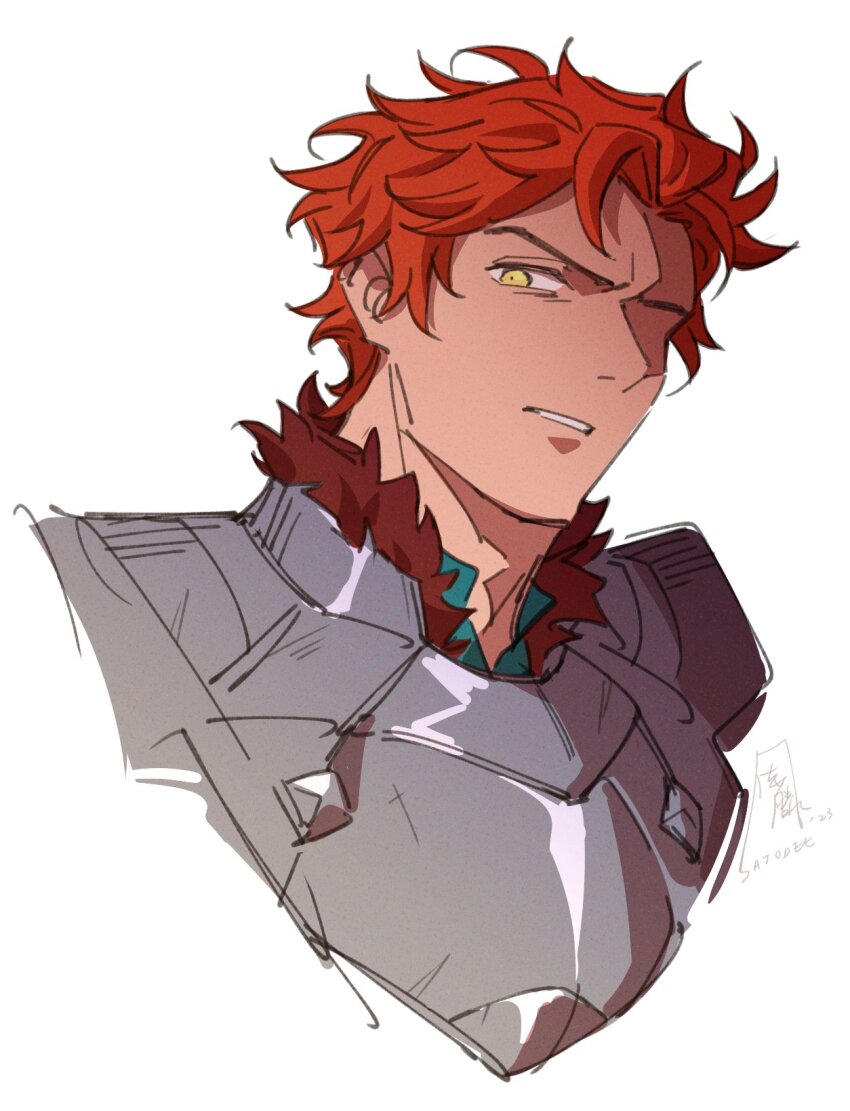 1boy angry armor breastplate commentary cropped_torso english_commentary fire_emblem fire_emblem:_three_houses fur-trimmed_armor fur_trim highres looking_at_viewer male_focus missing_eye nintendo parted_lips red_fur red_hair satodee simple_background solo sylvain_jose_gautier sylvain_jose_gautier_(timeskip) wavy_hair white_background yellow_eyes