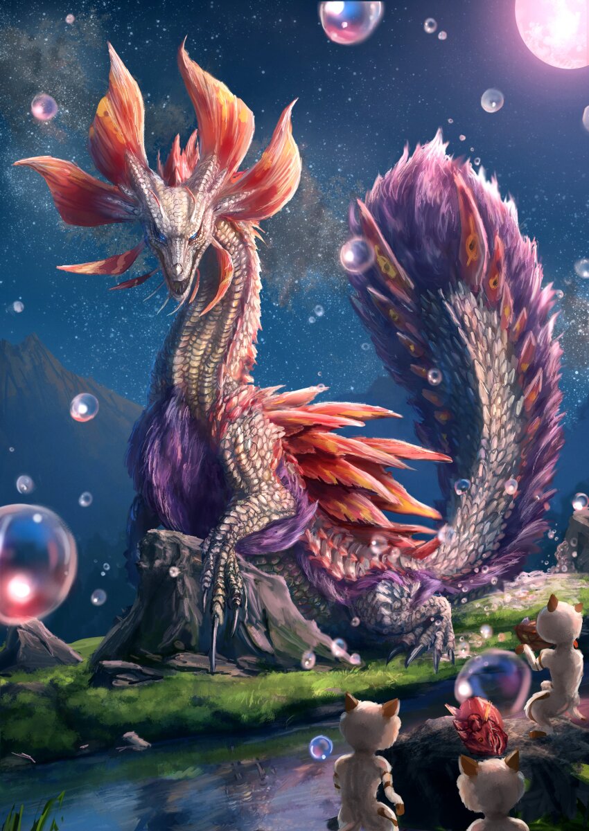 absurdres animal_focus blue_eyes bubble dragon eastern_dragon felyne fins head_fins highres horns kemonotaro mizutsune monster monster_focus monster_hunter_(series) monster_hunter_x no_humans open_mouth purple_fur sharp_teeth teeth