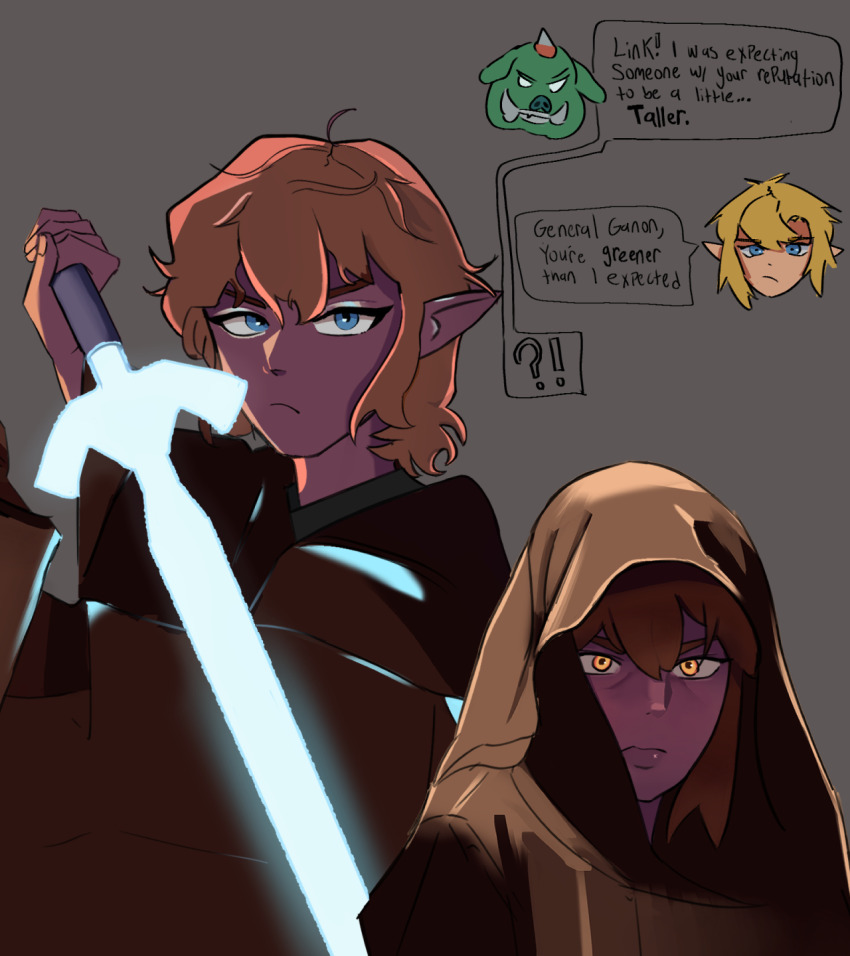 anakin_skywalker blonde_hair blue_eyes energy_sword english_text ganon ganondorf highres lightsaber link nintendo star_wars star_wars:_revenge_of_the_sith sword the_legend_of_zelda the_legend_of_zelda:_tears_of_the_kingdom weapon