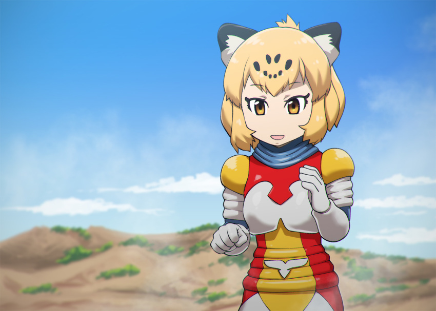 1girl animal_ears blonde_hair blue_sky cloud cosplay day female_focus fighting_stance godzilla_(series) jaguar_(kemono_friends) jaguar_ears jet_jaguar kemono_friends name_connection open_mouth pun short_hair sky smile solo ueyama_michirou yellow_eyes