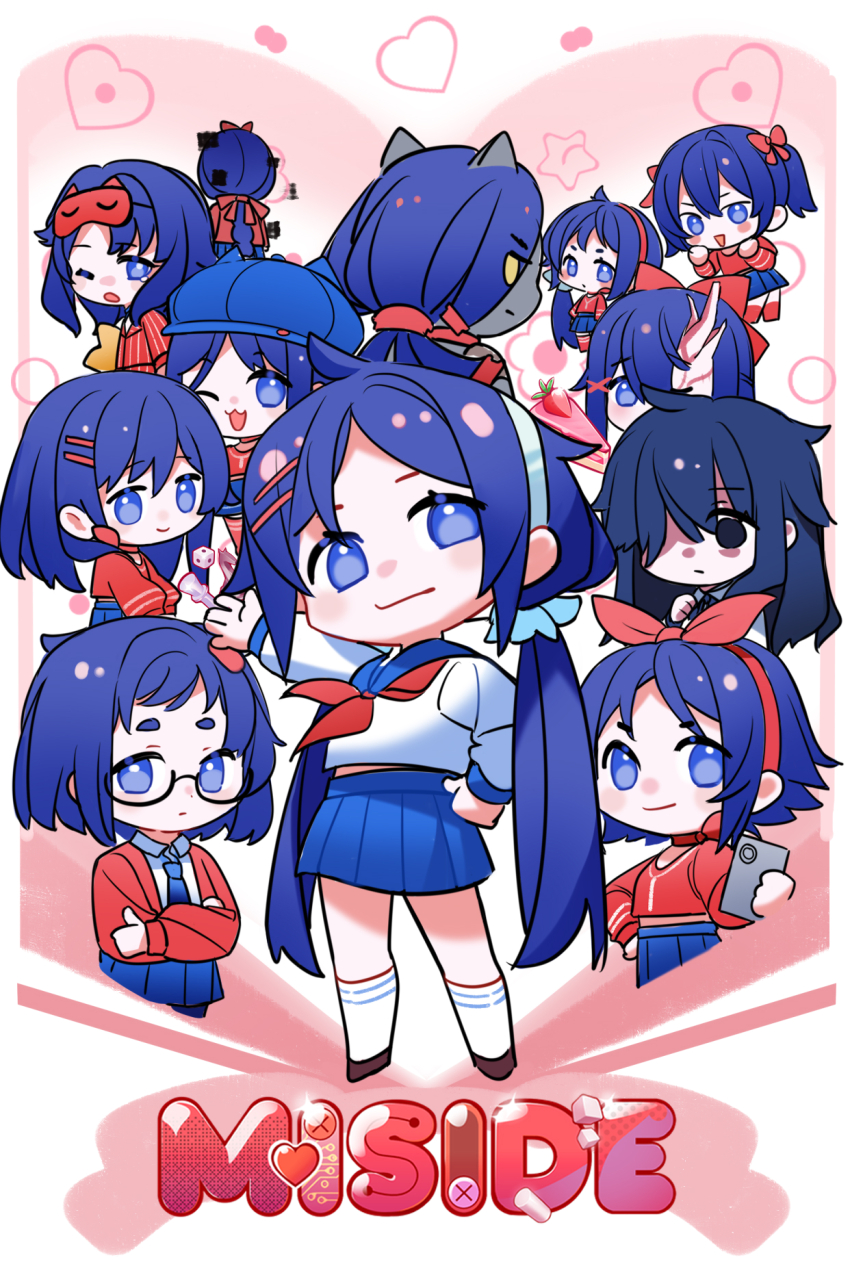 2d_mita_(miside) 6+girls animal_ears bad_source black_eyes blue_eyes blue_hair blue_hat blue_skirt blush bow bow_choker bow_hairband cat_ears chibi chibi_mita_(miside) choker closed_mouth cool_mita_(miside) core_mita_(miside) crazy_mita_(miside) creepy_mita_(miside) crossed_arms english_text everyone facing_viewer hairband hand_on_own_hip hand_up hat heart highres holding holding_phone horns kind_mita_(miside) long_hair looking_at_viewer looking_back mila_(miside) miside mita_(miside) multiple_girls official_art one_eye_closed open_mouth phone pleated_skirt purple_hair red_hairband red_shirt round_eyewear shirt short-haired_mita_(miside) skirt sleepy_mita_(miside) smile socks standing tiny_mita_(miside) twintails white_shirt white_socks yellow_eyes