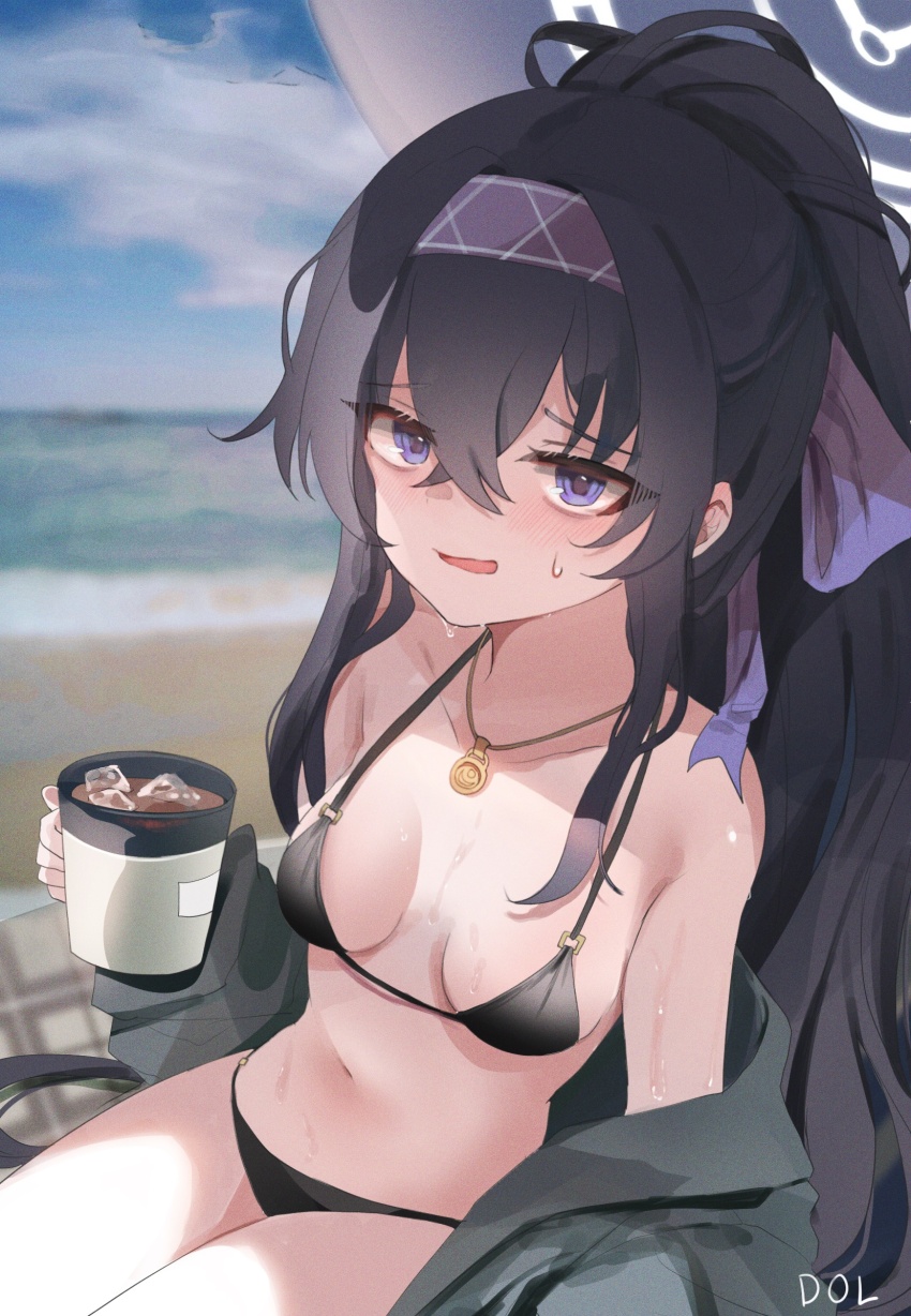 1girl bare_legs bare_shoulders bikini black_bikini black_hair blue_archive blush breasts coffee cup dolechan green_jacket hair_between_eyes hairband highres holding holding_cup iced_coffee jacket jacket_partially_removed jewelry long_hair looking_at_viewer medium_breasts navel necklace open_mouth ponytail purple_eyes purple_hairband sidelocks sweatdrop swimsuit ui_(blue_archive) ui_(swimsuit)_(blue_archive)
