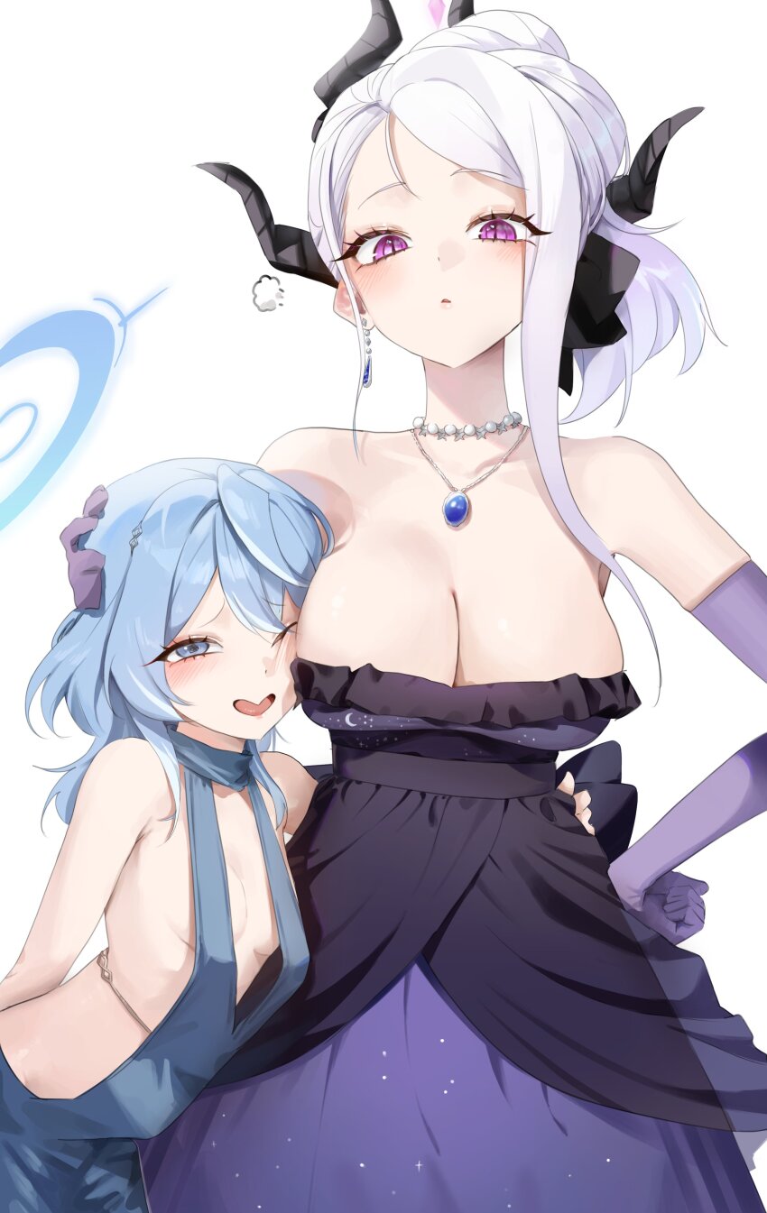 2girls absurdres ako_(blue_archive) ako_(dress)_(blue_archive) alternate_breast_size alternate_height bare_shoulders blue_archive blue_dress blue_eyes blue_hair blue_halo breast_press breast_size_switch breasts cleavage cocktail_dress commentary_request demon_girl demon_horns dress earrings elbow_gloves gloves halo hand_in_another&#039;s_hair height_switch highres hina_(blue_archive) hina_(dress)_(blue_archive) horns jewelry korean_commentary large_breasts medium_hair multiple_girls necklace nonoa official_alternate_costume purple_dress purple_eyes purple_gloves small_breasts white_background white_hair