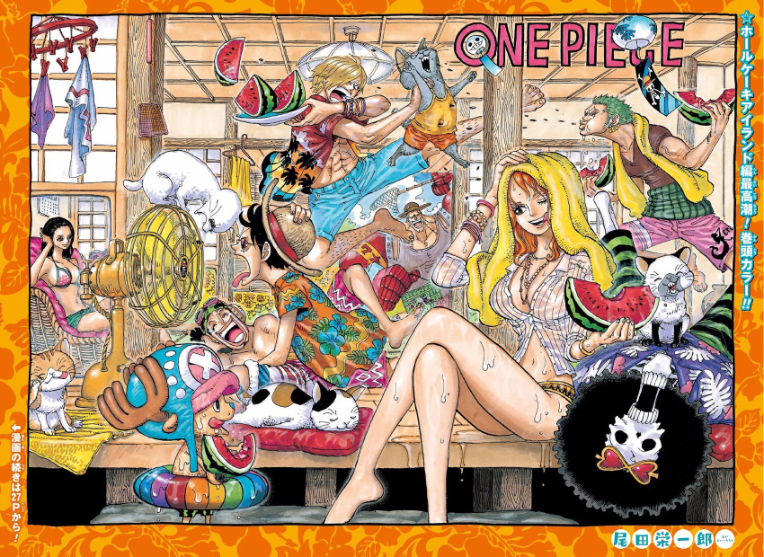 2girls 5boys :d afro barefoot bikini black_hair blonde_hair blue_shorts bracelet breasts brook_(one_piece) brown_shirt cat cleavage closed_eyes collared_shirt copyright_name crossed_legs dress_shirt eyewear_on_head food franky_(one_piece) fruit green_hair green_shorts hat hawaiian_shirt head_rest highres holding holding_food holding_fruit holding_watermelon innertube jewelry large_breasts long_hair lying medium_hair monkey_d._luffy multiple_boys multiple_girls nami_(one_piece) necklace nico_robin oda_eiichirou official_art on_side one_piece open_clothes open_mouth open_shirt orange_hair pants pink_bikini pink_shorts polka_dot polka_dot_bikini polka_dot_bikini_top red-tinted_eyewear roronoa_zoro sanji_(one_piece) scar scar_across_eye scar_on_face shirt short_hair short_shorts short_sleeves shorts sideboob sitting smile standing straw_hat striped_clothes striped_pants striped_shirt summer sunglasses swim_ring swimsuit tinted_eyewear tongue tongue_out tony_tony_chopper towel towel_on_head unbuttoned unbuttoned_shirt usopp very_short_hair watermelon white_shirt wing_collar yellow-framed_eyewear yellow_bikini