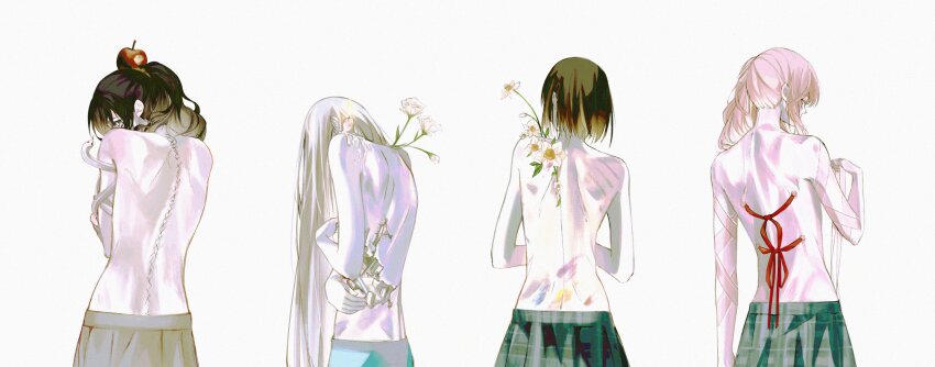 1other 25-ji_nightcord_de._(project_sekai) 3girls absurdres akiyama_mizuki apple asahina_mafuyu back back_tattoo black_hair braid brown_hair cracked_skin facing_away flower food food_bite food_on_head from_behind fruit green_skirt hair_ornament highres lily_(flower) long_hair looking_back multiple_girls object_on_head otsggn pink_hair plaid_clothes plaid_skirt pleated_skirt ponytail project_sekai red_ribbon ribbon self_hug shinonome_ena short_hair simple_background skirt snake stitches symbolism tattoo topless_female topless_other very_long_hair white_background white_flower white_hair yoisaki_kanade
