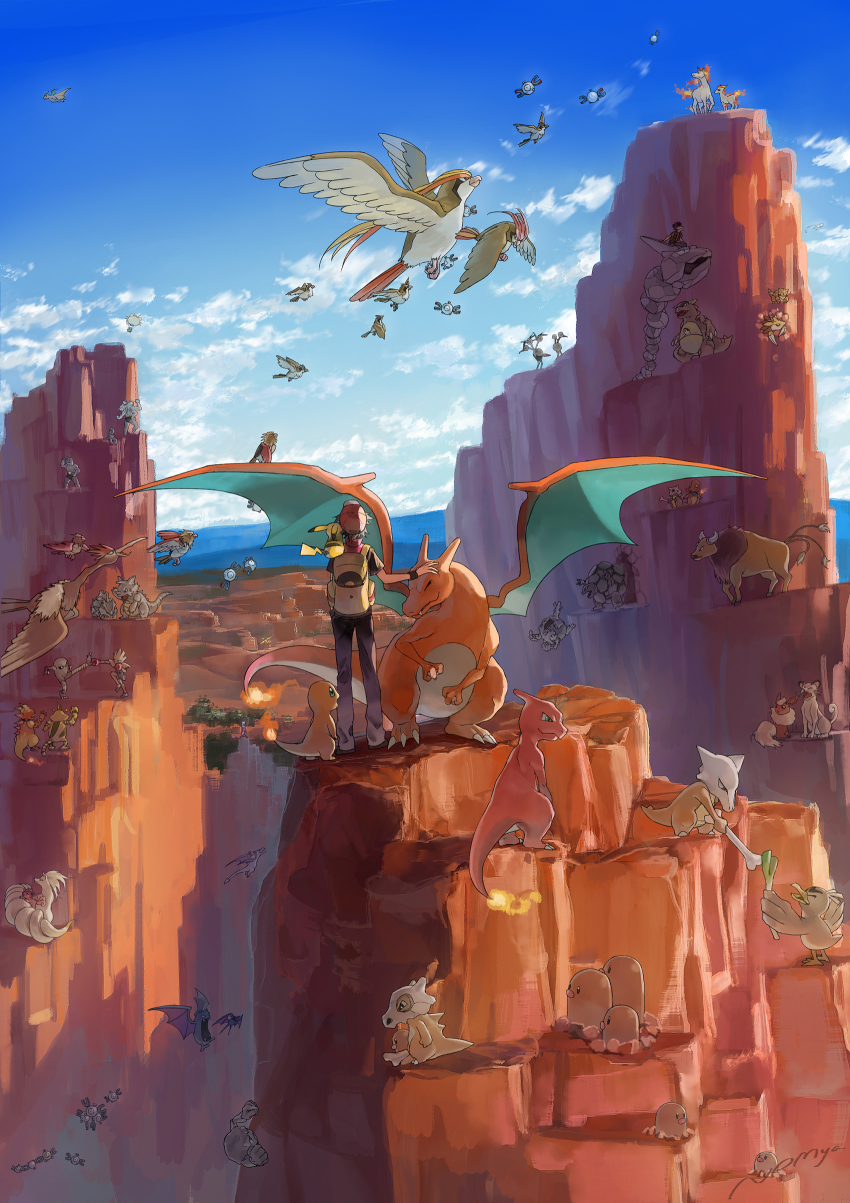 2boys absurdres aerodactyl aircraft artist_name backpack bag baseball_cap black_footwear black_hair black_pants blue_sky brock_(pokemon) canyon charizard charmander charmeleon cloud cloudy_sky cubone day diglett ditto dragonite dugtrio electabuzz everyone farfetch&#039;d fearow fire flame-tipped_tail flareon from_behind gen_1_pokemon geodude golbat golem_(pokemon) graveler hat headpat highres hitmonchan hitmonlee hot_air_balloon kangaskhan legendary_pokemon machamp machoke machop magmar magnemite magneton male_focus marowak mew_(pokemon) mewtwo moltres multiple_boys mythical_pokemon ninetales nintendo nrmya on_shoulder onix outdoors pants persian pidgeot pidgeotto pidgey pikachu pokemon pokemon_(creature) pokemon_frlg pokemon_on_shoulder ponyta rapidash red_(pokemon) red_headwear red_shirt rhydon rhyhorn sandshrew sandslash scenery shirt shoes short_hair short_sleeves signature sky spearow tail tauros team_rocket vulpix wristband zubat