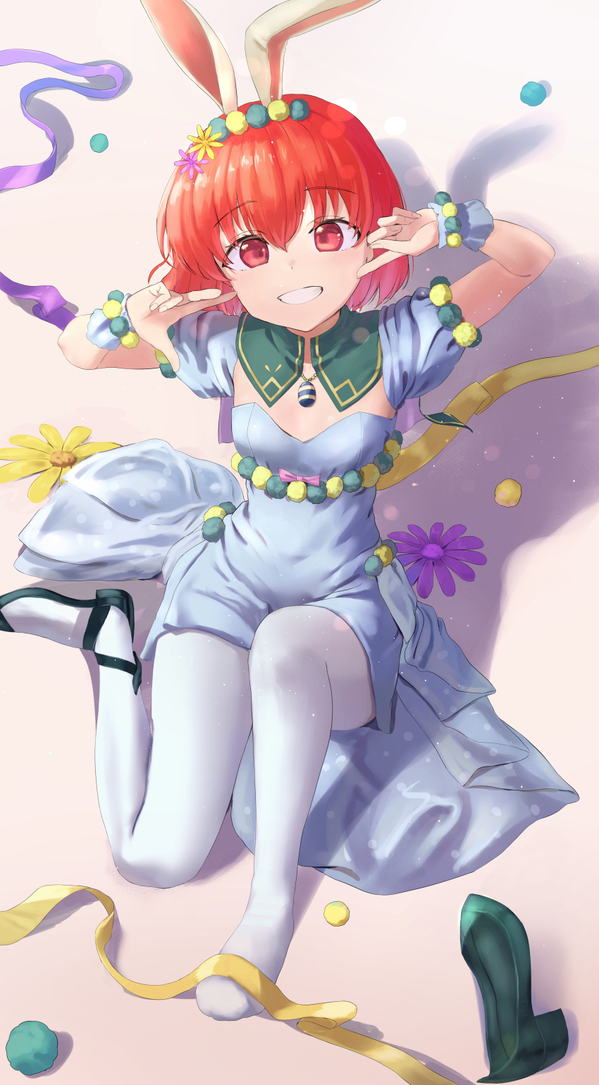 1girl absurdres animal_ears dress fake_animal_ears fire_emblem fire_emblem:_mystery_of_the_emblem fire_emblem:_shadow_dragon fire_emblem_heroes full_body green_shoes grin hair_between_eyes highres looking_at_viewer maria_(fire_emblem) maria_(spring)_(fire_emblem) mimi_(mimi_ganbaruzo) nintendo official_alternate_costume pantyhose puffy_short_sleeves puffy_sleeves rabbit_ears red_eyes red_hair shadow shoes short_hair short_sleeves smile solo white_pantyhose