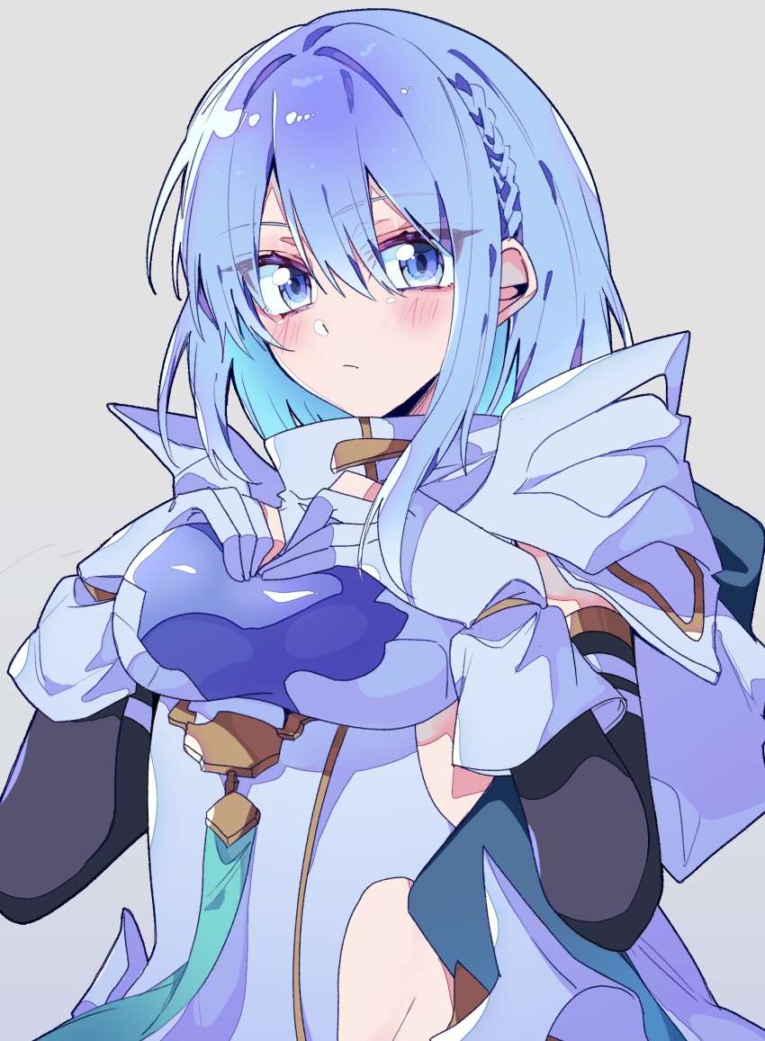 1girl absurdres armor bare_shoulders black_sleeves blue_eyes blue_hair bodysuit breasts detached_sleeves dreizehn_(shadowverse) gloves grey_background hand_on_own_chest highres large_breasts looking_at_viewer medium_hair shadowverse shadowverse:_worlds_beyond shoulder_armor simple_background solo torino_hina555 upper_body white_bodysuit white_gloves
