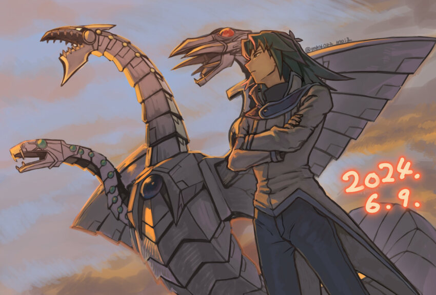1boy character_request check_character crossed_arms cyber_dragon_infinity dated duel_monster fingernails grey_jacket jacket long_hair male_focus marufuji_ryo moiko outdoors pants sharp_teeth teeth twitter_username yu-gi-oh! yu-gi-oh!_gx
