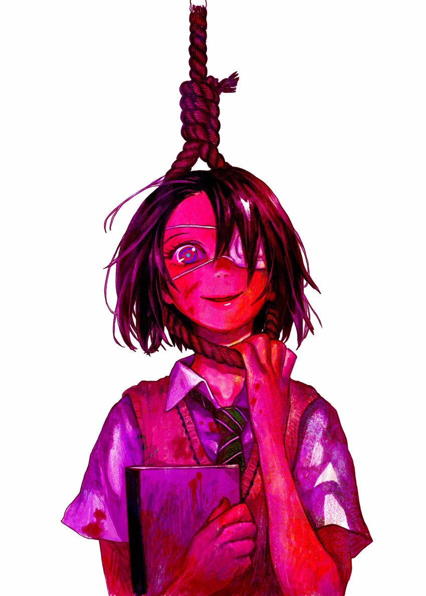 1girl absurdres aqua_pupils black_hair blood blood_on_clothes blood_splatter blue_eyes cardigan cardigan_vest collared_shirt crazy crazy_eyes eyepatch green_necktie hanged highres hinami_shiina holding holding_notebook holding_rope holding_to_chest looking_at_viewer medical_eyepatch multicolored_eyes necktie noose notebook one_eye_covered open_mouth parted_bangs pink_theme red_eyes rope satomi_yuu school_uniform shirt short_hair short_sleeves simple_background smile solo white_background white_shirt wide-eyed yakedo_shoujo