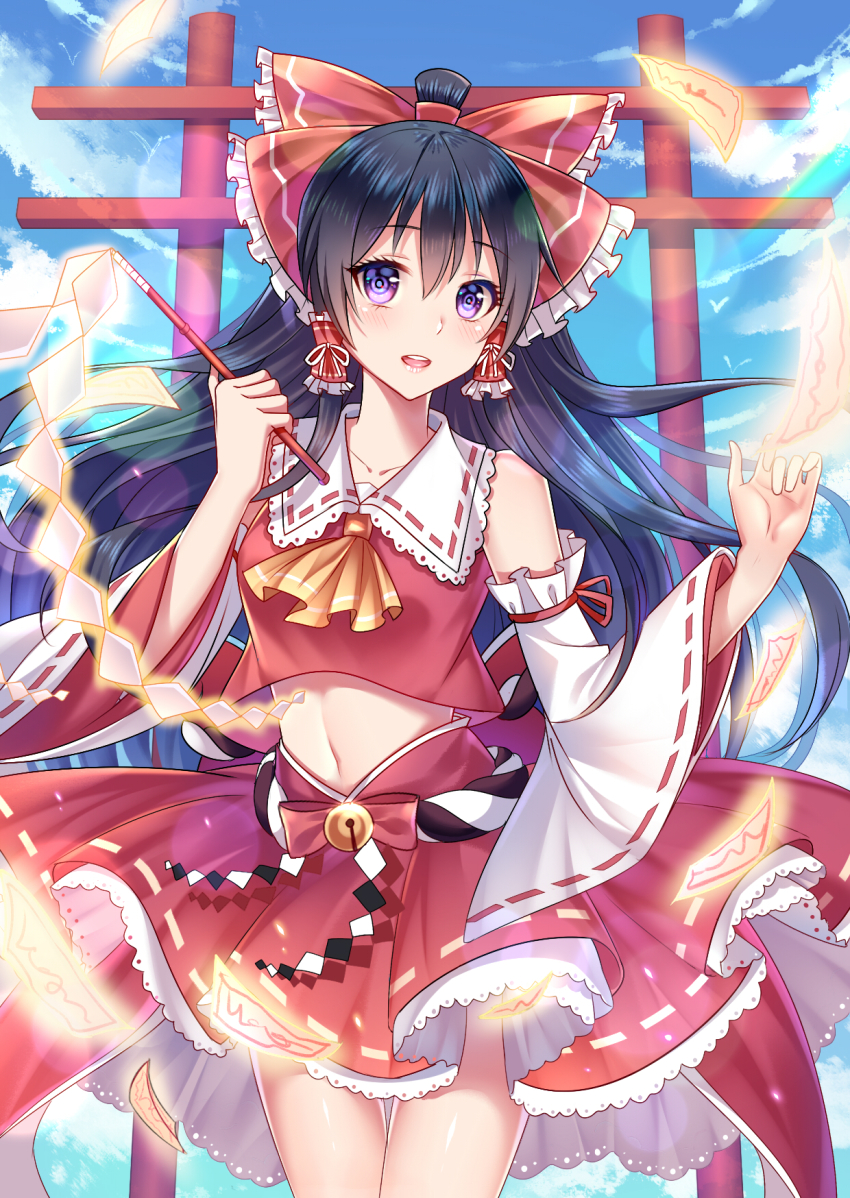 1girl alternate_eye_color ascot bare_shoulders bell black_hair blue_sky blush bow cloud cloudy_sky collarbone collared_shirt cowboy_shot crop_top day detached_sleeves dress eyebrows eyelashes female_focus frilled_shirt_collar frilled_skirt frills gohei hair_between_eyes hair_bow hair_ornament hair_tubes hakurei_reimu hands_up highres holding jingle_bell long_hair looking_at_viewer midriff navel ofuda open_mouth ponytail purple_eyes red_dress red_shirt red_skirt ribbon ribbon-trimmed_collar ribbon-trimmed_sleeves ribbon_trim rope sannio sash shirt sidelocks skirt skirt_set sky sleeveless sleeveless_shirt smile solo torii touhou very_long_hair wide_sleeves