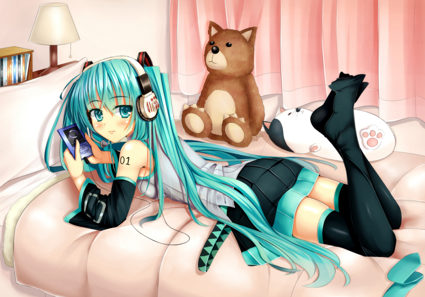 1girl aqua_eyes aqua_hair bed blush cafeore covers curtains detached_sleeves digital_media_player feet female_focus hatsune_miku headphones lamp long_hair lying no_shoes on_stomach pillow skirt socks solo stuffed_animal stuffed_toy thighhighs twintails very_long_hair vocaloid