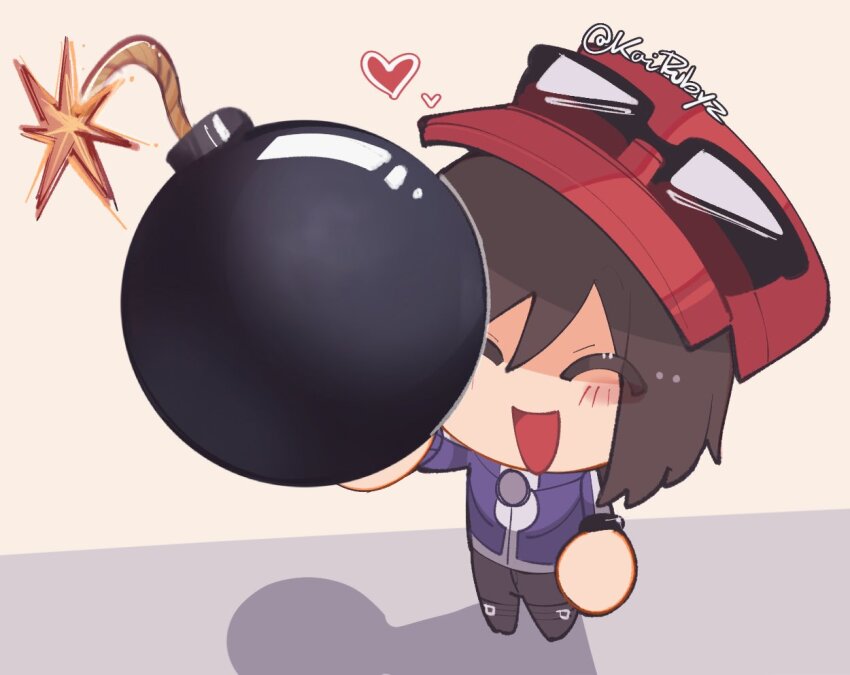 1boy ^_^ black-framed_eyewear black_hair black_pants blue_jacket blush_stickers bomb calem_(pokemon) chibi chibi_only closed_eyes commentary english_commentary explosive eyewear_on_headwear fuse hat heart holding holding_bomb holding_weapon jacket kairubyz lit_fuse long_sleeves male_focus nintendo open_mouth pants pokemon pokemon_xy red_hat short_hair simple_background smile solo sunglasses swept_bangs twitter_username weapon white_background zipper_pull_tab