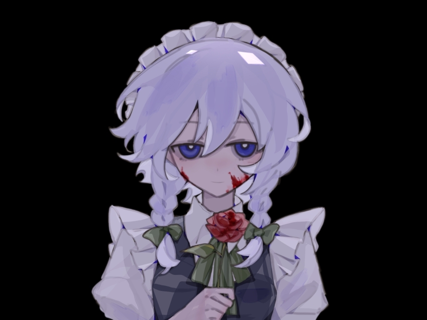1girl 468-hako black_background black_dress blood blood_on_face blood_on_flower blue_eyes bow braid breasts bright_pupils closed_mouth collared_shirt commentary_request dress flower green_bow grey_hair hair_between_eyes hair_bow highres holding holding_flower izayoi_sakuya light_smile looking_at_viewer maid_headdress medium_hair puffy_short_sleeves puffy_sleeves red_flower red_rose rose shirt short_sleeves simple_background solo straight-on touhou twin_braids upper_body white_pupils