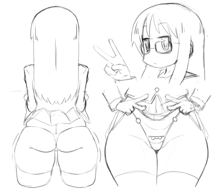 1girl ass ass_focus buttons closed_mouth expressionless frontal_wedgie glasses greyscale highres jitome long_hair looking_at_viewer mad_mex minakami_mai monochrome motion_lines multiple_views nichijou panties school_uniform sketch skindentation skirt solo thighhighs tokisadame_school_uniform underwear v wedgie