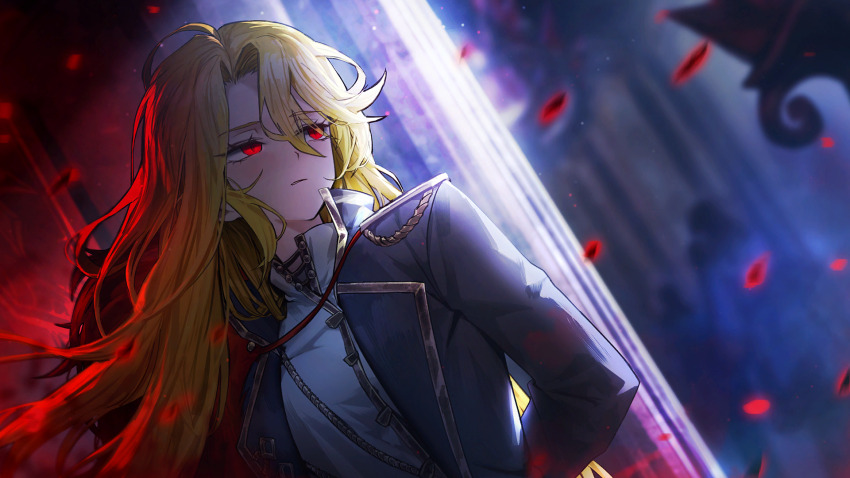 1boy 2girls aiguillette arms_behind_back bari_(project_moon) black_coat blonde_hair coat don_quixote_(project_moon) epaulettes feather_boa game_cg gold_trim highres jacket la_manchaland&#039;s_don_quixote_(project_moon) la_manchaland_(identity)_(project_moon) limbus_company long_hair military_uniform multiple_girls nai_ga official_art project_moon red_eyes sancho_(project_moon) solo_focus third-party_source white_jacket