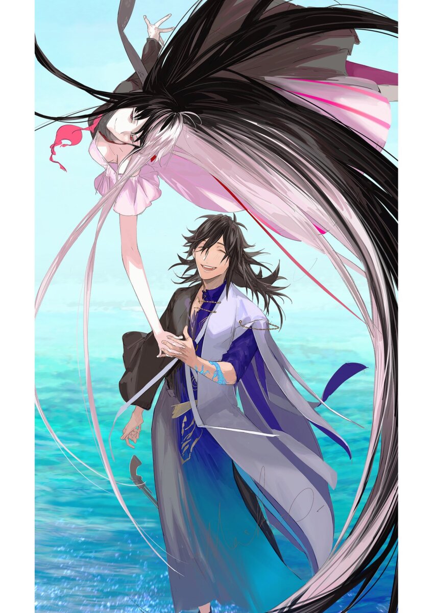 1boy 1girl absurdly_long_hair baggy_clothes black_hair black_kimono couple fate/grand_order fate_(series) flying gloves grey_hakama hakama half-closed_eyes hetero highres holding_hands interlocked_fingers jacket japanese_clothes katana kimono long_hair ocean off_shoulder oryou_(fate) ponytail sakamoto_ryouma_(fate) sakamoto_ryouma_(lancer)_(fate) scarf shirt smile standing standing_on_liquid sword very_long_hair weapon white_jacket ziege113