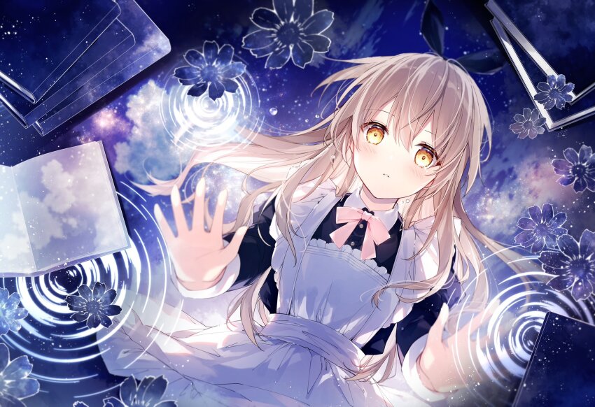 1girl apron black_dress black_ribbon blue_flower blush book book_stack bow brown_eyes brown_hair collared_dress commentary_request dress flower flower_on_liquid frilled_apron frills hair_between_eyes hair_ribbon highres juliet_sleeves long_hair long_sleeves mochizuki_shiina original parted_lips pink_bow puffy_sleeves reflection ribbon ripples solo very_long_hair water white_apron