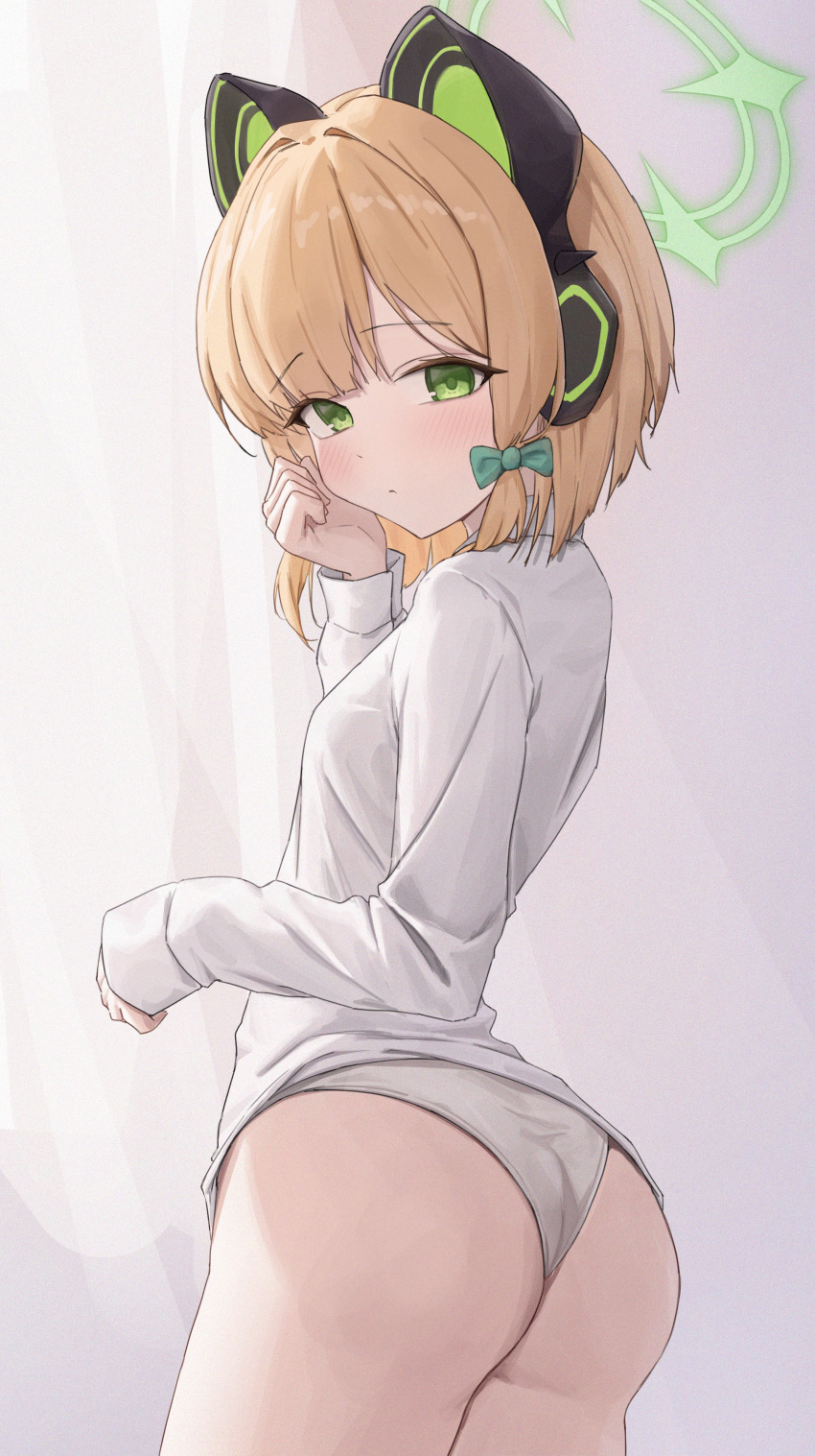 1girl absurdres animal_ear_headphones animal_ears ass blonde_hair blue_archive blunt_bangs blush bow breasts cat_ear_headphones cat_ears clenched_hand closed_mouth commentary cowboy_shot dot_nose fake_animal_ears from_behind frown green_bow green_eyes green_halo hair_bow hair_intakes halo hand_on_own_face hand_up hands_up headphones highres huge_filesize loli looking_at_viewer looking_back midori_(blue_archive) no_pants panties shirt short_hair sidelocks sleeves_past_wrists small_breasts solo springrain_06 standing thighs underwear white_panties white_shirt