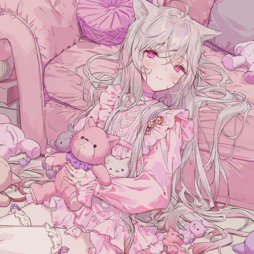 1girl ahoge animal_ears blush cat_ears closed_mouth couch dress frilled_dress frills grey_hair highres holding holding_stuffed_toy indoors long_hair looking_at_viewer original pink_dress purple_eyes sitting solo stuffed_animal stuffed_toy thigh_strap very_long_hair yutsumoe