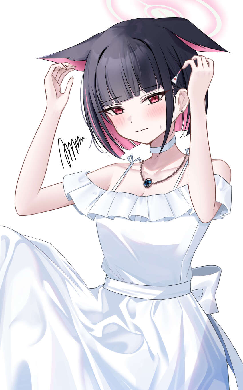 1girl absurdres animal_ears black_hair blue_archive blush cat_ears choker closed_mouth dress extra_ears hair_ornament hairclip halo highres jewelry kazusa_(blue_archive) looking_at_viewer necklace pink_hair pink_halo red_eyes short_hair simple_background solo wasi white_background white_choker white_dress