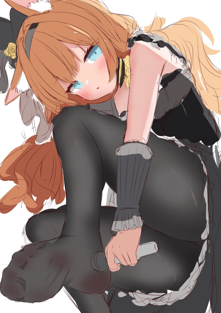 1girl ahoge animal_ear_fluff animal_ears bare_shoulders black_dress black_hairband blue_archive blue_eyes blush brown_hair cat_ears dress fox_ears fox_tail hair_ornament hairband highres long_hair looking_at_viewer mari_(blue_archive) muaa_(muamua231) no_shoes pantyhose parted_lips ribbon shirt sleeveless sleeveless_shirt solo tail very_long_hair white_background