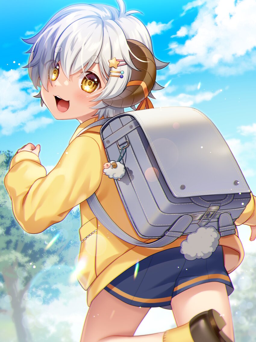 1boy :d absurdres backpack bag blue_shorts blue_sky blush charm_(object) child chromatic_aberration commission curled_horns day diffraction_spikes eyes_visible_through_hair from_behind ginjiro_(ginziro525) hair_ornament hair_over_one_eye hairclip highres horns hoshihitsuji_omega indie_virtual_youtuber jacket lens_flare looking_at_viewer looking_back male_focus open_mouth outdoors randoseru running second-party_source sheep_boy sheep_horns sheep_tail short_hair shorts skeb_commission sky smile solo star_(symbol) star_hair_ornament tail tree white_hair yellow_eyes yellow_jacket
