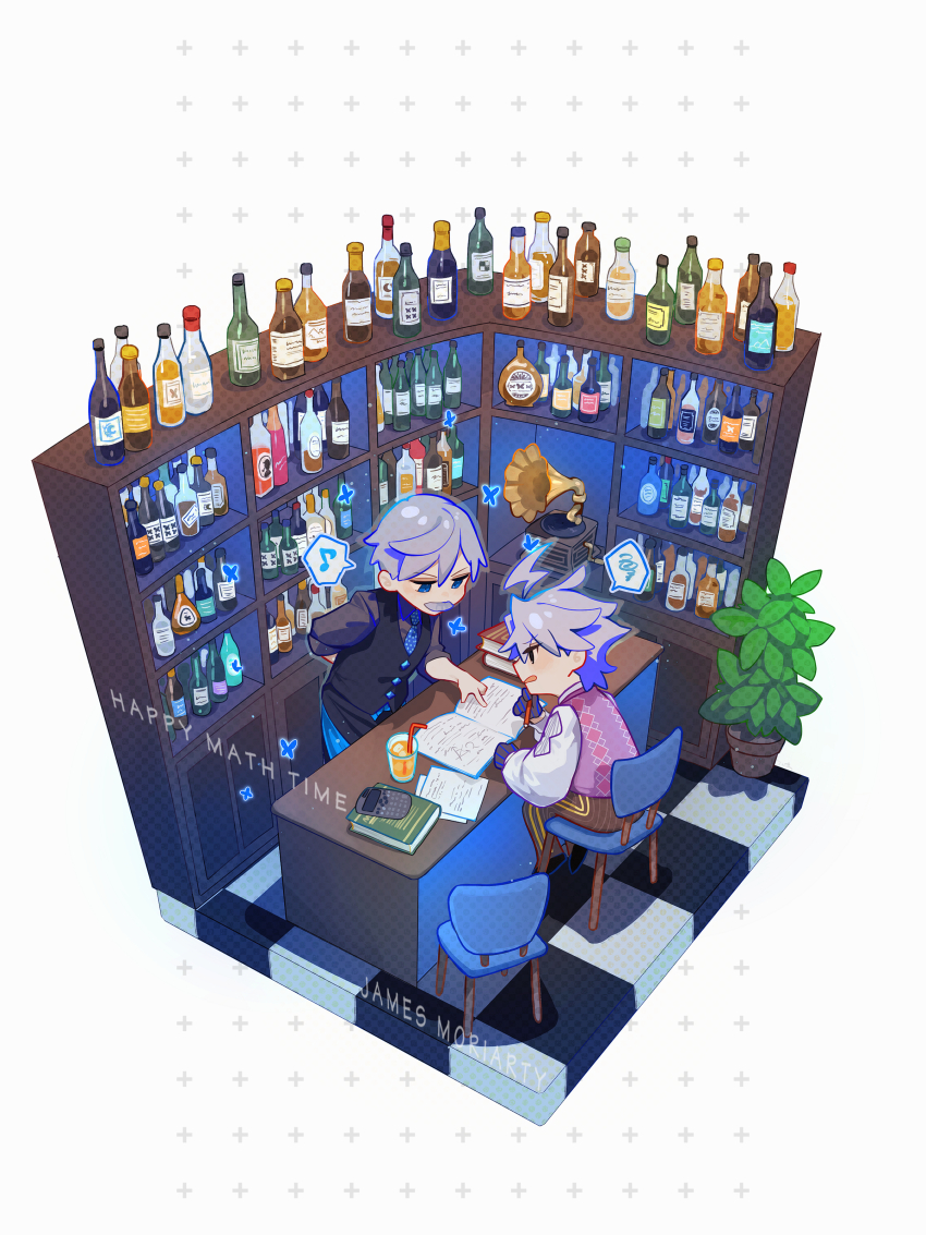 2boys absurdres alcohol argyle_clothes argyle_sweater_vest arm_behind_back bartender black_eyes black_vest blue_eyes blue_necktie book book_stack bottle brown_pants calculator character_name cup drinking_straw dual_persona facial_hair fate/grand_order fate_(series) full_body grey_hair grey_shirt highres holding holding_pencil james_moriarty_(archer)_(fate) james_moriarty_(gray_collar)_(fate) james_moriarty_(ruler)_(fate) leaning_forward lightning_ahoge male_focus multiple_boys musical_note mustache necktie notebook on_chair pants paper pencil plant pointing_at_object potted_plant shirt short_hair sitting spoken_musical_note spoken_squiggle squiggle sweater_vest tia_(cocorosso) vest