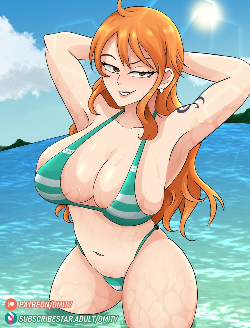 1girl absurdres armpits arms_behind_head arms_up bikini blue_sky breasts cleavage cloud collarbone cowboy_shot day earrings eyebrows eyelashes female_focus from_above green_bikini grin highres huge_breasts jewelry lips matching_hair/eyes multicolored_bikini nami_(one_piece) naughty_face navel ocean omitv one_piece orange_eyes orange_hair outdoors patreon_logo patreon_username shoulder_tattoo sky smile solo standing sun swimsuit tattoo teeth thighs two-tone_bikini water watermark wet white_bikini wide_hips