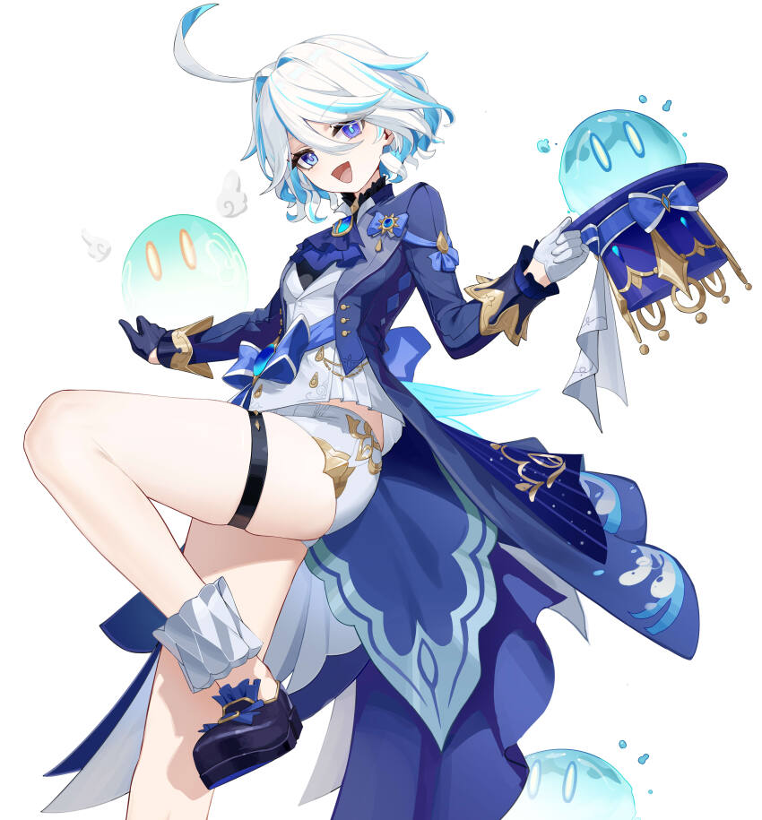 1girl :d absurdres ahoge anemo_slime_(genshin_impact) ascot bare_legs black_footwear blue_ascot blue_coat blue_eyes blue_hair blue_hat brooch coat foot_out_of_frame freeeeeeeeeee furina_(genshin_impact) genshin_impact hat highres holding holding_unworn_clothes holding_unworn_hat hydro_slime_(genshin_impact) jewelry looking_at_viewer midriff_peek multicolored_hair open_clothes open_coat open_mouth shirt shoes short_hair short_shorts shorts slime_(genshin_impact) smile streaked_hair thigh_strap thighs top_hat unworn_hat unworn_headwear white_hair white_shirt white_shorts