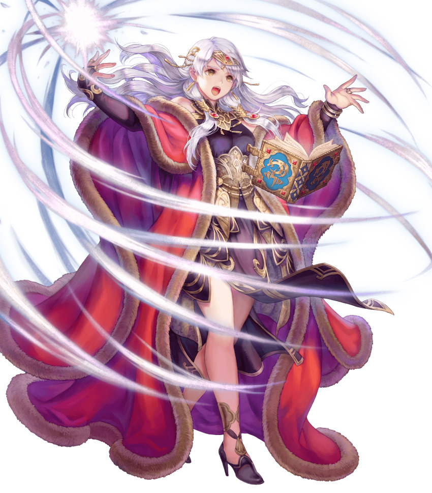 1girl bare_shoulders book bracelet breasts bridal_gauntlets brown_eyes dress fire_emblem fire_emblem:_radiant_dawn fire_emblem_heroes floating floating_object full_body fur_trim haccan hair_ornament high_heels highres jewelry long_hair long_sleeves looking_away magic medium_breasts micaiah_(fire_emblem) micaiah_(radiant_queen)_(fire_emblem) nintendo official_art open_book open_mouth purple_dress silver_hair solo tiara transparent_background