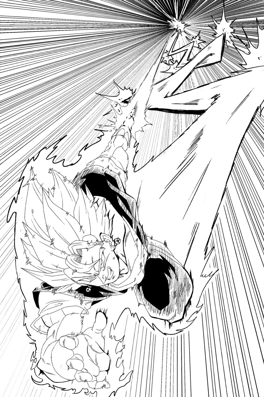 1boy absurdres arm_blade aura clenched_teeth dougi dragon_ball dragonball_z earrings energy_sword flying gloves highres jewelry kazumax76 male_focus medium_hair monochrome motion_lines potara_earrings smirk solo speed_lines spiked_hair sword teeth vegetto weapon
