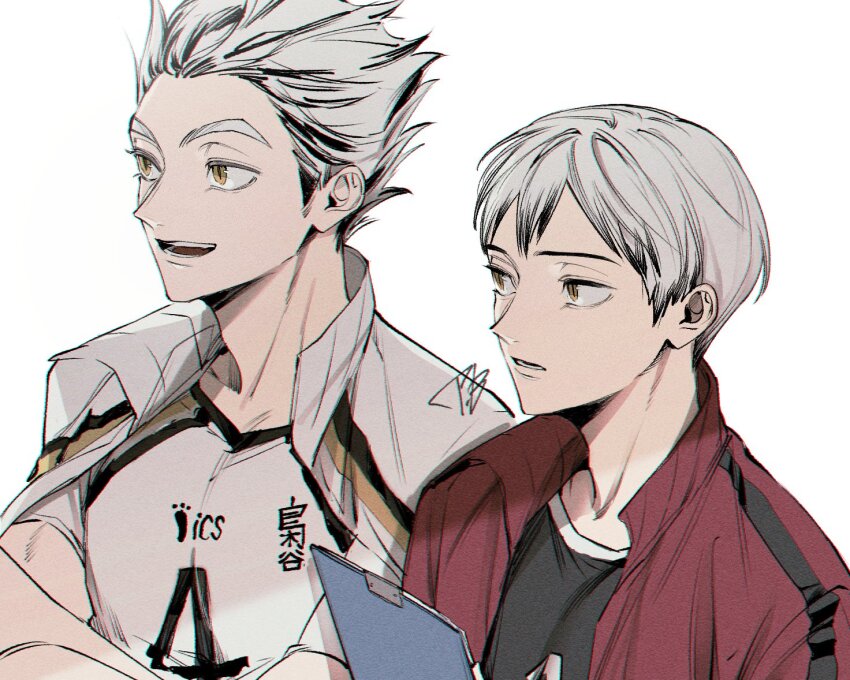 2boys black_hair black_shirt bokuto_koutarou clipboard fukurodani_volleyball_uniform grey_hair haikyuu!! jacket kita_shinsuke m_m_pb male_focus multicolored_hair multiple_boys red_jacket shirt simple_background sportswear track_jacket upper_body volleyball_uniform white_background white_jacket white_shirt yellow_eyes