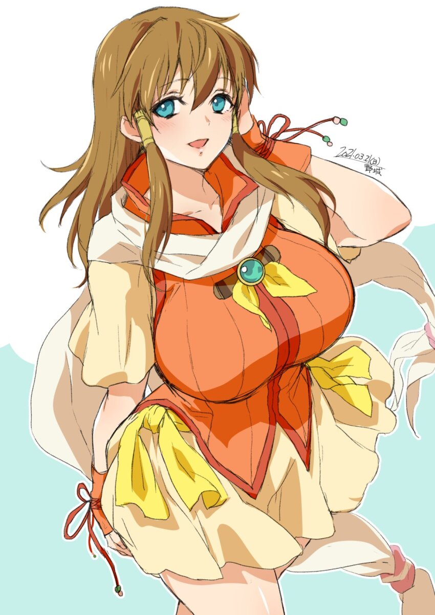 1girl blue_eyes breasts brown_hair fire_emblem fire_emblem:_radiant_dawn hair_tubes highres large_breasts long_hair mist_(fire_emblem) mist_(radiant_dawn)_(fire_emblem) nintendo open_mouth orange_vest scarf short_sleeves skirt smile vest white_scarf yajiro_masaru