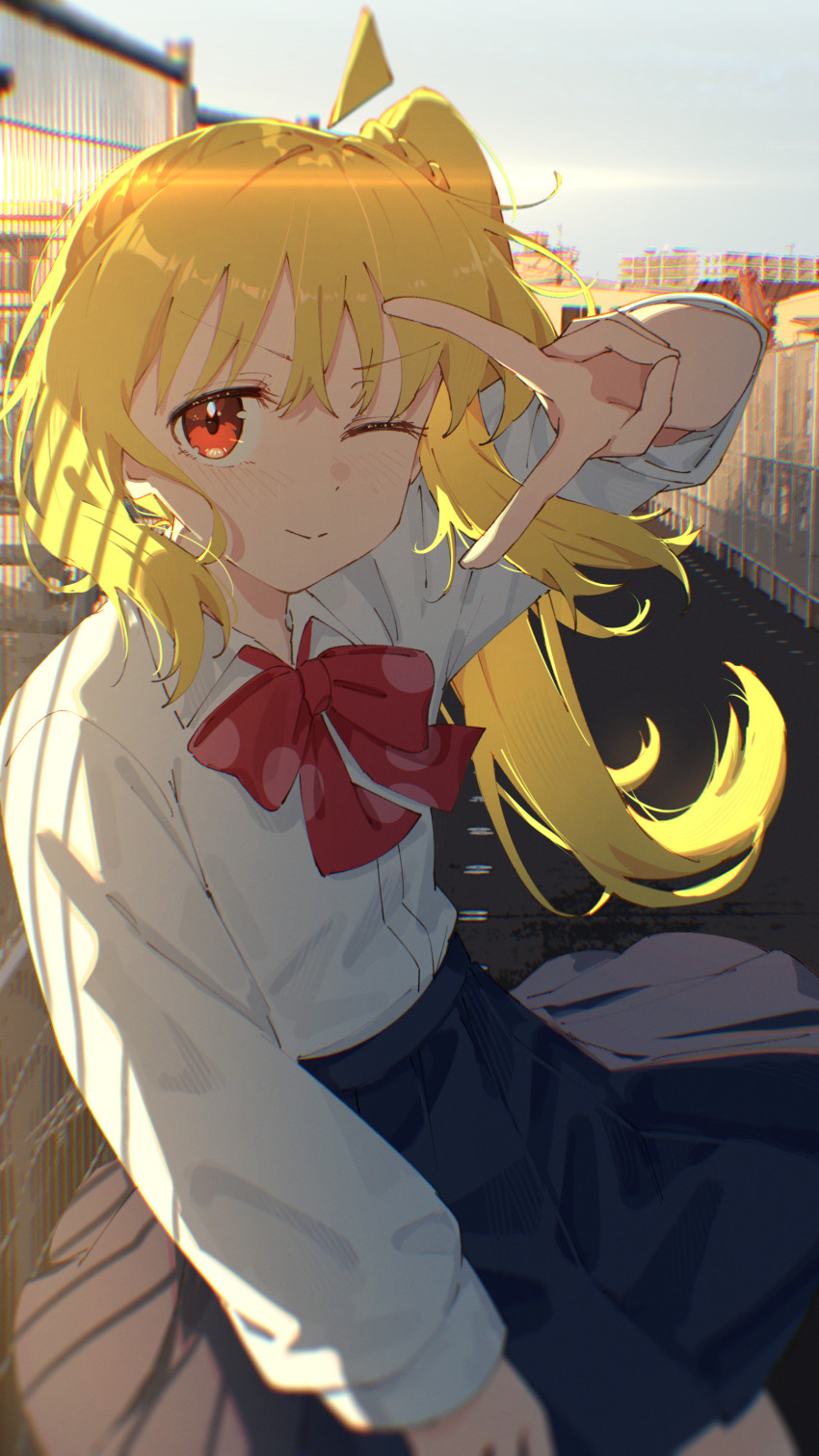 1girl ;) absurdres ahoge blonde_hair blue_skirt bocchi_the_rock! bow bowtie collared_shirt day highres ijichi_nijika jl_tan long_hair long_sleeves one_eye_closed outdoors red_bow red_bowtie red_eyes school_uniform shirt side_ponytail skirt smile solo v very_long_hair