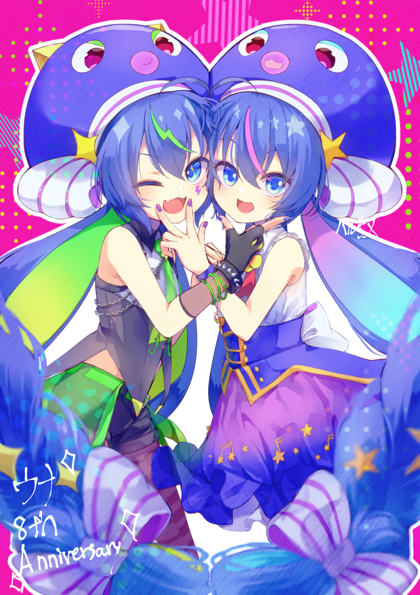 2girls ahoge anniversary aqua_hair back_bow bare_shoulders belt black_gloves black_shorts blue_eyes blue_hair blue_hat blue_nails blue_skirt blush bow bracelet brown_pantyhose chain collared_shirt colored_inner_hair commentary cowboy_shot dual_persona eel_hat facial_mark fang fingerless_gloves fishnet_gloves fishnets frilled_shirt frilled_skirt frills gloves gold_trim gradient_clothes gradient_hair gradient_skirt green_belt green_hair green_necktie green_skirt hair_between_eyes hair_ornament hand_on_another&#039;s_face harusamesyota hat hat_ornament highres holding_hands jewelry large_hat lightning_bolt_facial_mark long_hair looking_at_viewer low-braided_long_hair low-tied_long_hair low_twintails multicolored_hair multiple_bracelets multiple_girls nail_polish necktie one_eye_closed open_mouth otomachi_una otomachi_una_(spicy) otomachi_una_(sugar) otomachi_una_(vocaloid6_spicy) otomachi_una_(vocaloid6_sugar) outline pantyhose petticoat pink_background pink_hair purple_bow purple_nails purple_skirt see-through_clothes see-through_skirt shirt short_shorts shorts simple_background skin_fang skirt sleeveless sleeveless_shirt smile sparkle_hair_ornament sparkle_hat_ornament spiked_bracelet spikes star_(symbol) star_hair_ornament star_hat_ornament streaked_hair striped_bow tongue twintails two-tone_bow very_long_hair vocaloid w white_bow white_outline white_shirt