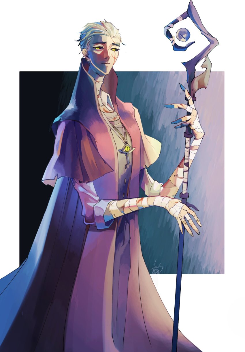 19_dokan 1boy alva_lorenz bandaged_arm bandaged_hand bandaged_neck bandages black_sclera colored_sclera commentary cracked_skin expressionless fingernails hair_slicked_back highres holding holding_staff identity_v jewelry long_fingernails long_neck looking_at_viewer male_focus necklace robe short_hair signature skinny slit_pupils staff torn_clothes white_hair yellow_eyes