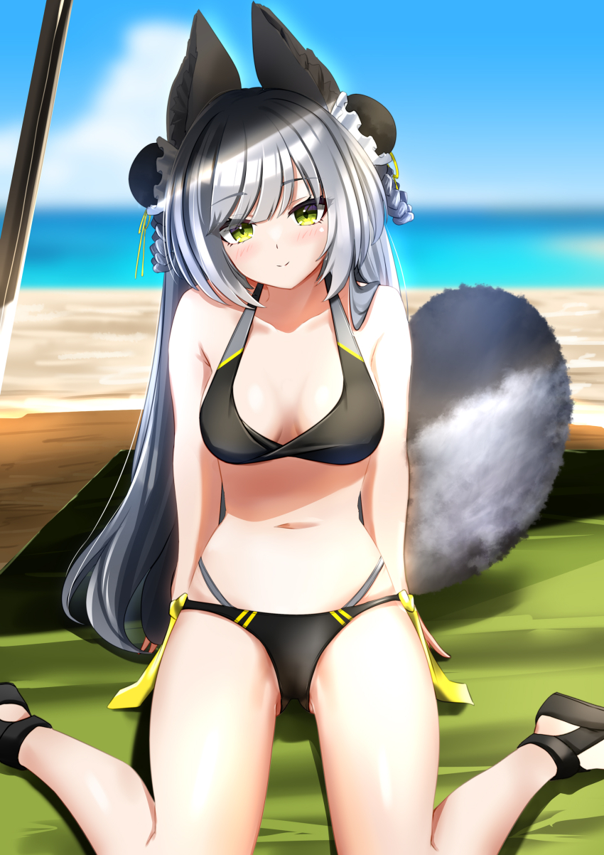 1girl absurdres animal_ears bare_arms bare_shoulders beach beach_towel bikini black_bikini black_shoes blue_sky blurry blurry_background blush braid breasts bun_cover cleavage closed_mouth cloud collarbone day depth_of_field double_bun fox_ears fox_girl fox_tail gluteal_fold green_eyes grey_hair hair_bun head_tilt highres horizon leefa_(vrchat) long_hair looking_at_viewer medium_breasts multicolored_hair navel ocean outdoors sand sandals shoes sitting sky smile solo suzuki-shi swimsuit tail towel very_long_hair vrchat wariza water