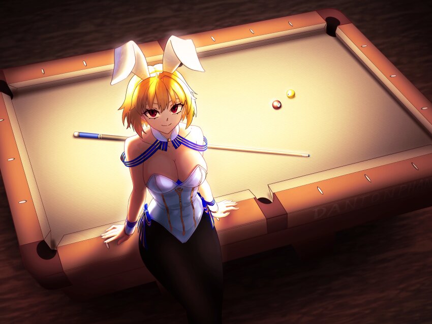 1girl absurdres ahoge animal_ears arcueid_brunestud ball billiard_ball billiards blonde_hair blush breasts cleavage cue_stick curvy dantonphanton fake_animal_ears highres huge_breasts indoors large_breasts leotard pantyhose playboy_bunny pool_table rabbit_ears red_eyes resting short_hair smile strapless strapless_leotard table thick_thighs thighs tsukihime wrist_cuffs