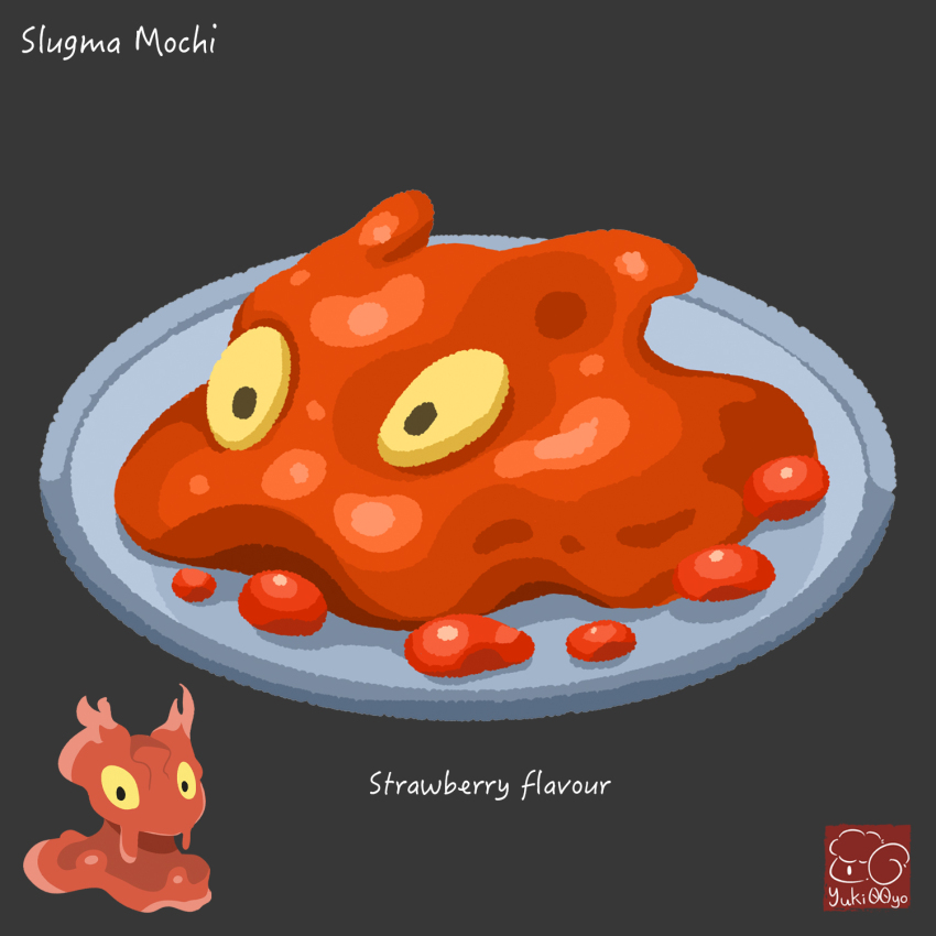 artist_logo artist_name character-themed_food character_name food food_focus food_name gen_2_pokemon grey_background highres logo mochi nintendo no_humans plate pokemon pokemon_(creature) simple_background slugma yuki00yo