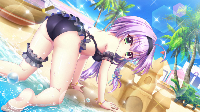 1girl ahoge all_fours arm_garter ass ass_focus bangle barefoot beach bikini black_bikini black_garter black_hairband blue_ribbon blue_sky bracelet breasts building canoe closed_mouth day dot_nose dutch_angle film_grain flag frilled_bikini frilled_thigh_strap frills from_behind game_cg green_eyes hair_ribbon hairband hokaze_kanade izumi_tsubasu jewelry lens_flare long_hair looking_at_viewer looking_back medium_breasts non-circular_lens_flare non-web_source official_art outdoors palm_tree purple_hair re:stage! ribbon sand_castle sand_sculpture sky smile soles solo sparkle star_(symbol) swimsuit thigh_strap thighs tree water water_drop wet