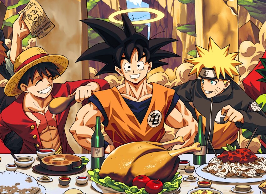 5boys abs apple black_eyes black_hair black_jacket blonde_hair blue_shirt blue_sky bottle buttons character_name character_request chicken_(food) closed_eyes cloud collarbone commentary crack dinner dougi dragon_ball dragonball_z english_commentary english_text facial_mark food fruit gon_freecss grass green_hair green_jacket halo hands_on_own_hips hat headband highres holding_chicken_leg hunter_x_hunter indoors jacket konohagakure_symbol long_sleeves looking_at_another looking_at_viewer loose_hair_strand male_focus meat monkey_d._luffy multicolored_jacket multiple_boys muscular muscular_male naruto naruto_(series) one_piece onigiri orange_hair orange_vest out_of_frame pectorals pillar plate raised_eyebrows red_vest rice salad sash sauce saucer scar scar_across_eye scar_on_chest scar_on_face shirt short_hair short_sleeves sky son_goku spiked_hair straw_hat swirl table teeth trigun turtleneck two-tone_jacket uzumaki_naruto vest wanted_poster wizyakuza yellow_sash