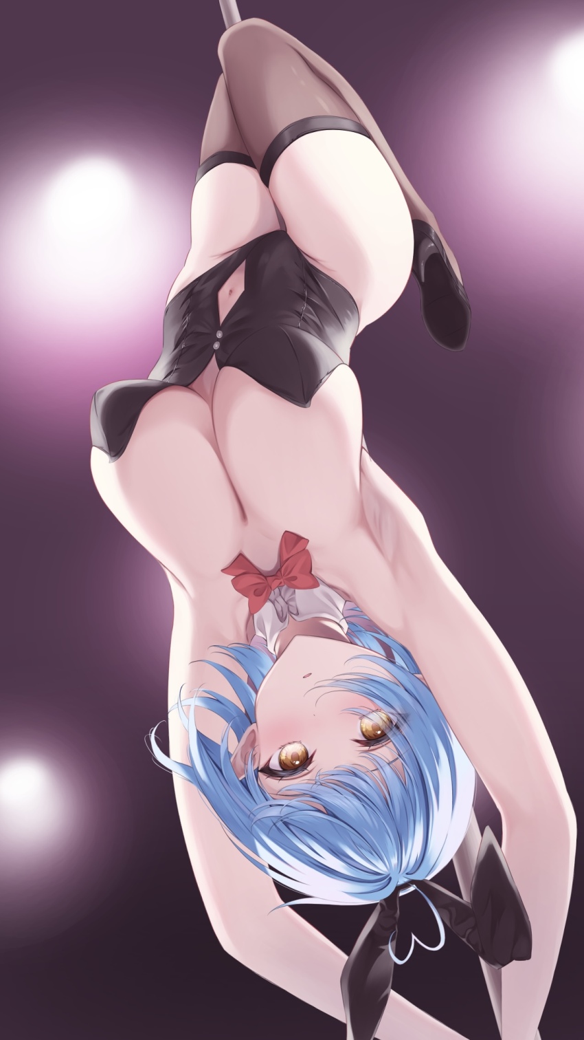1girl ahoge alternate_costume animal_ear_hairband animal_ears armpits arms_up bankerou black_leotard black_shoes black_thighhighs blue_hair blush bow bowtie breasts cleavage clothing_cutout commentary_request detached_collar fake_animal_ears groin hairband heart heart_ahoge high_heels highleg highleg_leotard highres hololive large_breasts leotard looking_at_viewer navel_cutout official_alternate_hair_length official_alternate_hairstyle parted_lips playboy_bunny pointy_ears pole pole_dancing pumps rabbit_ear_hairband rabbit_ears red_bow red_bowtie shoes short_hair solo strapless strapless_leotard stripper_pole thighhighs traditional_bowtie upside-down virtual_youtuber yellow_eyes yukihana_lamy