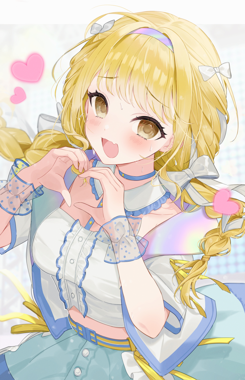 1girl absurdres blonde_hair blue_choker blue_skirt blush bow braid center_frills choker commentary cropped_jacket cropped_shirt fang frills fujita_kotone gakuen_idolmaster hair_bow heart heart_hands highres idolmaster long_hair looking_at_viewer midriff reflective_clothes revision ribbon ribbon_braid sekaiichi_kawaii_watashi_(idolmaster) skin_fang skirt smile solo twin_braids ureinnn white_ribbon yellow_eyes