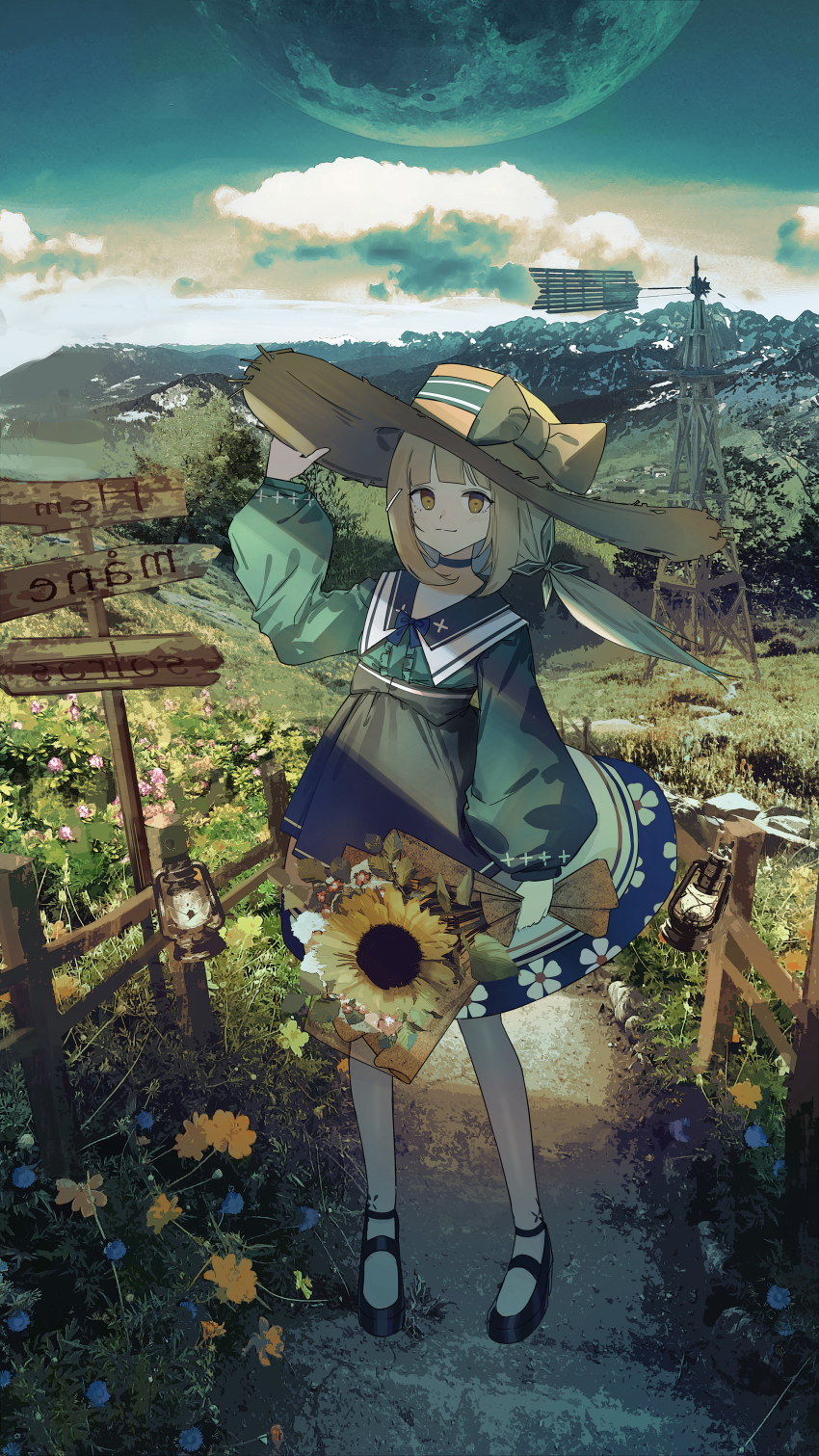 1girl absurdres apron black_footwear blonde_hair blue_skirt blunt_bangs bouquet choker closed_mouth cloud commentary dirt_road floral_print flower geki_dan grass green_shirt hair_ornament hairclip hand_on_headwear hat hat_ribbon highres holding holding_bouquet lantern mary_janes meadow moon mountain original outdoors ponytail print_skirt railing ribbon road rural sailor_collar scenery shirt shoes sidelocks signature skirt sky smile standing sun_hat sunflower symbol-only_commentary yellow_eyes