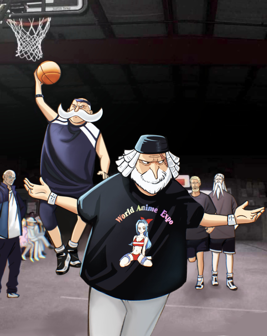 absurdres bald ball basketball basketball_(object) beard black_hair ethan-baron_v._nusjuro facial_hair gorosei highres jaygarcia_saturn kaku_(one_piece) marcus_mars multiple_boys mustache old old_man one_piece rob_lucci scar scar_on_face shepherd_ju_peter the_office topman_warcury white_hair